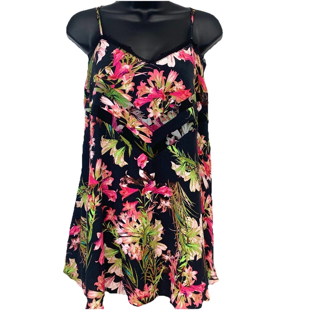 Lovers & Friends Floral Tank Top XS Oversized Black Pink Flowy Strappy Babydoll
